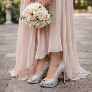 RAMPAGE Silver Peep Toe Glittery Pumps, Size 8.5